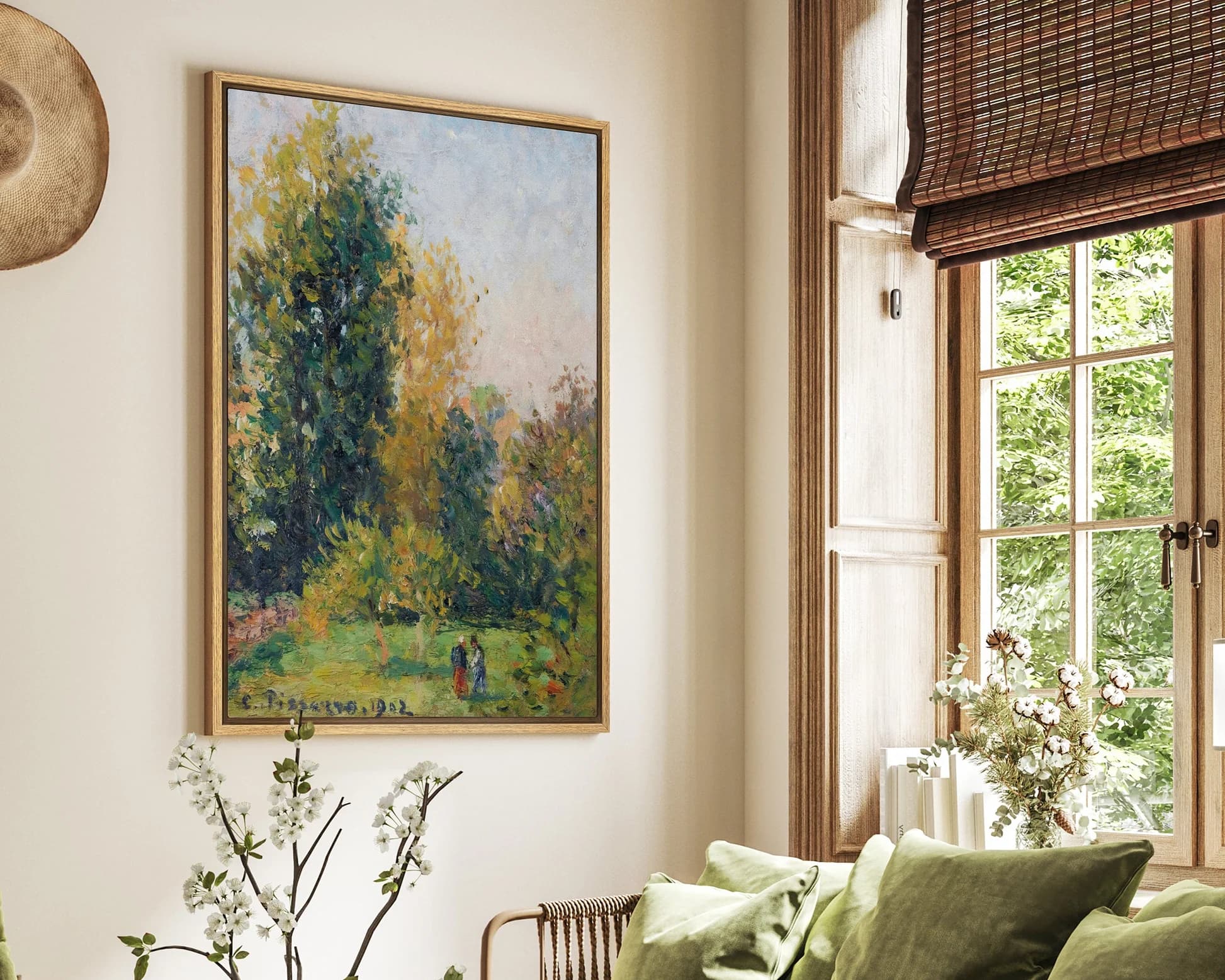 A wall of framed studies and accents